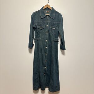 Vintage 90s Kitsch Denim Trench Dress M 100% Cotton Full Button Front Western